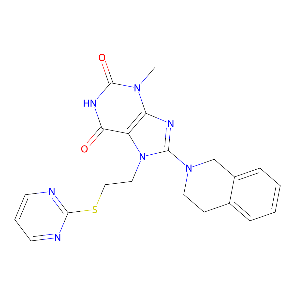 8-(3,4-dihydro-1H-isoquinolin-2-yl)-3-methyl-7-(2-pyrimidin-2-ylsulfanylethyl)purine-2,6-dione molecular structure, CAS 674339-05-0