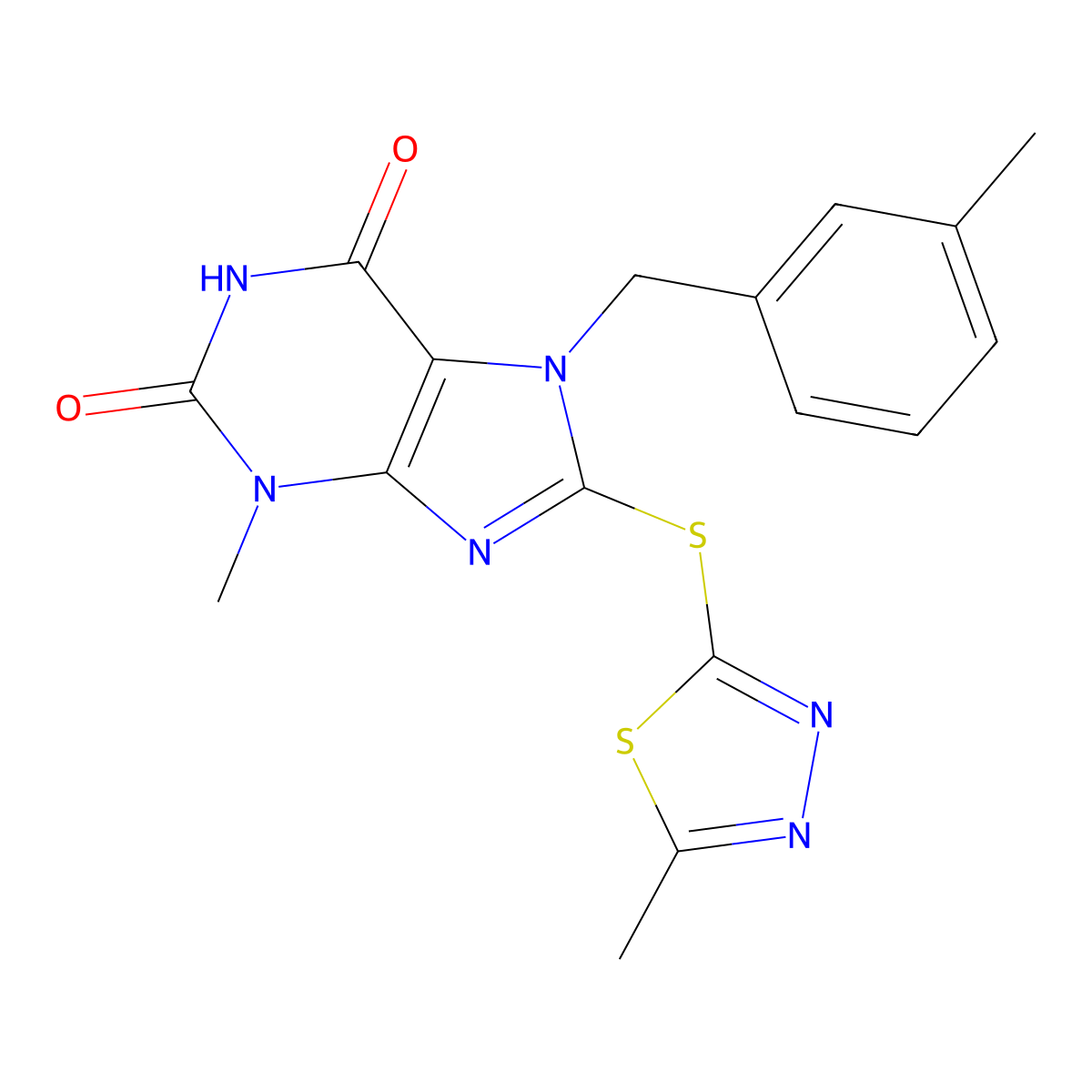 3-methyl-8-[(5-methyl-1,3,4-thiadiazol-2-yl)sulfanyl]-7-[(3-methylphenyl)methyl]-2,3,6,7-tetrahydro-1H-purine-2,6-dione molecular structure, CAS 674339-29-8