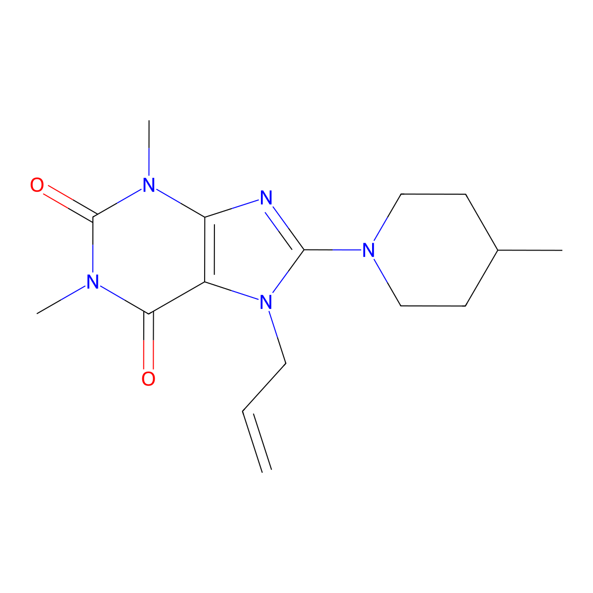 1,3-dimethyl-8-(4-methylpiperidin-1-yl)-7-(prop-2-en-1-yl)-3,7-dihydro-1H-purine-2,6-dione molecular structure, CAS 674339-72-1