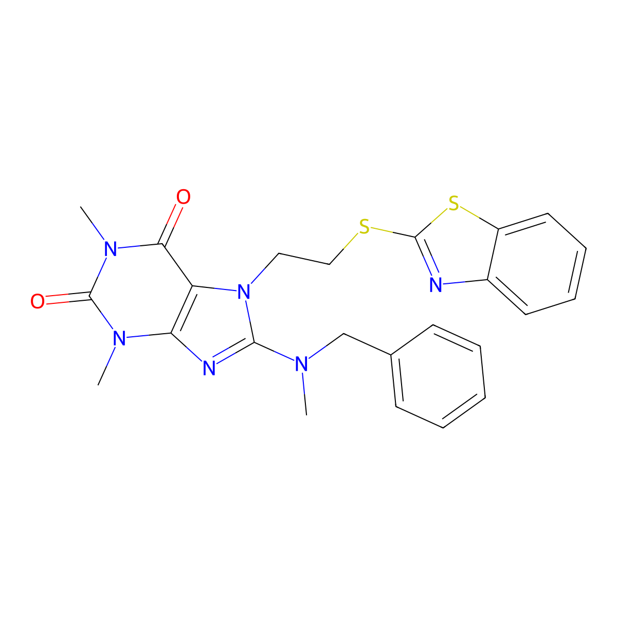 7-(2-(benzo[d]thiazol-2-ylthio)ethyl)-8-(benzyl(methyl)amino)-1,3-dimethyl-1H-purine-2,6(3H,7H)-dione molecular structure, CAS 674350-30-2