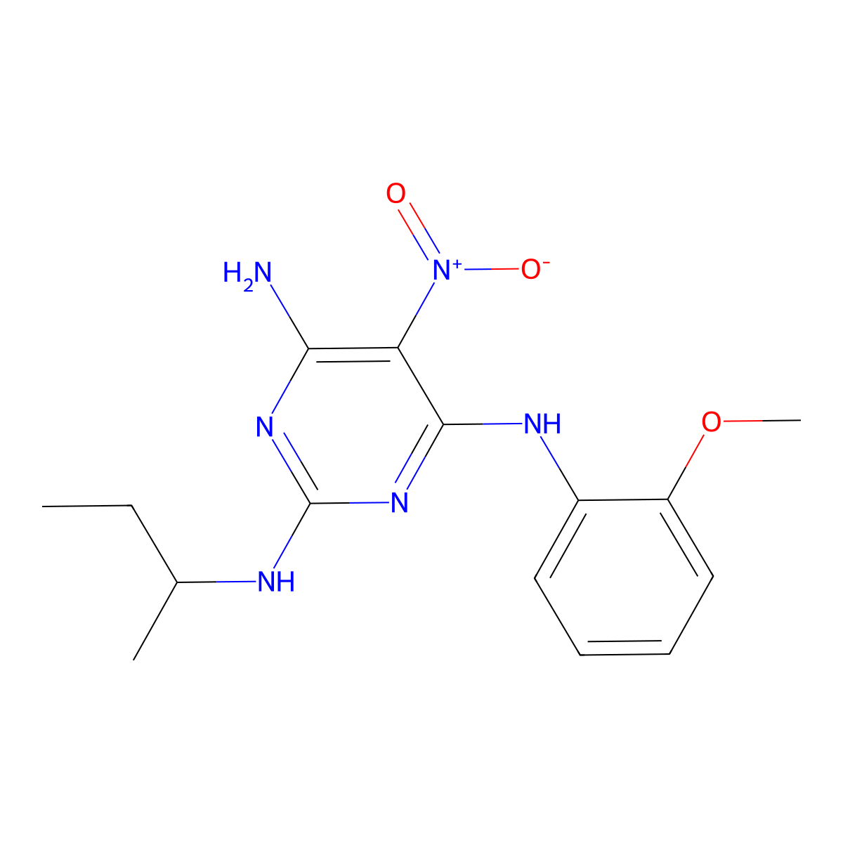 2-N-butan-2-yl-4-N-(2-methoxyphenyl)-5-nitropyrimidine-2,4,6-triamine molecular structure, CAS 674350-65-3