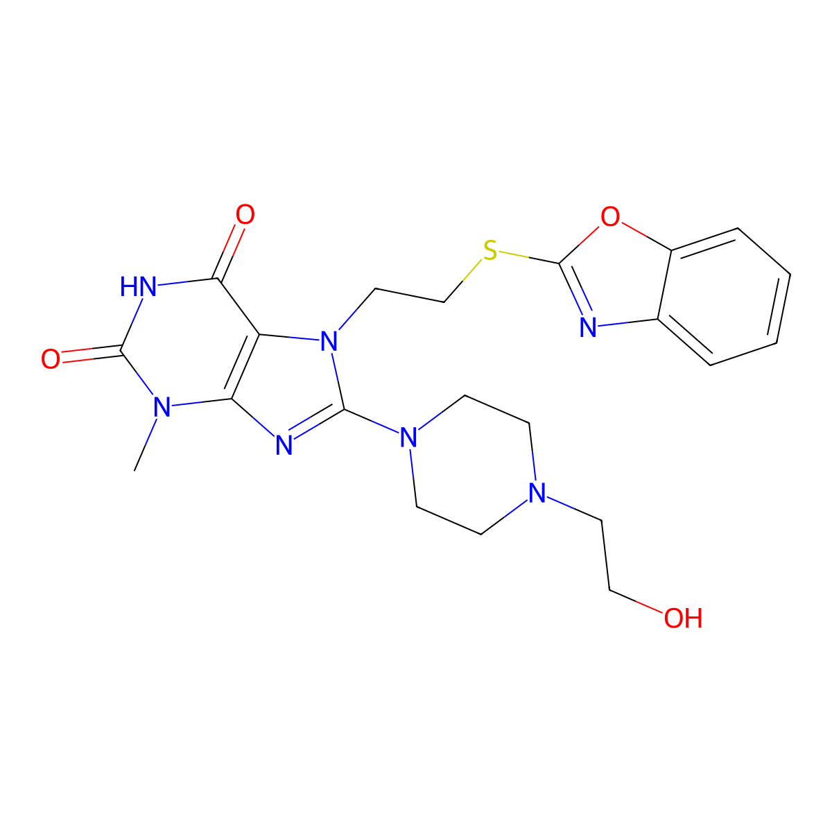 7-[2-(1,3-Benzoxazol-2-ylsulfanyl)ethyl]-8-[4-(2-hydroxyethyl)piperazin-1-yl]-3-methylpurine-2,6-dione molecular structure, CAS 674350-68-6