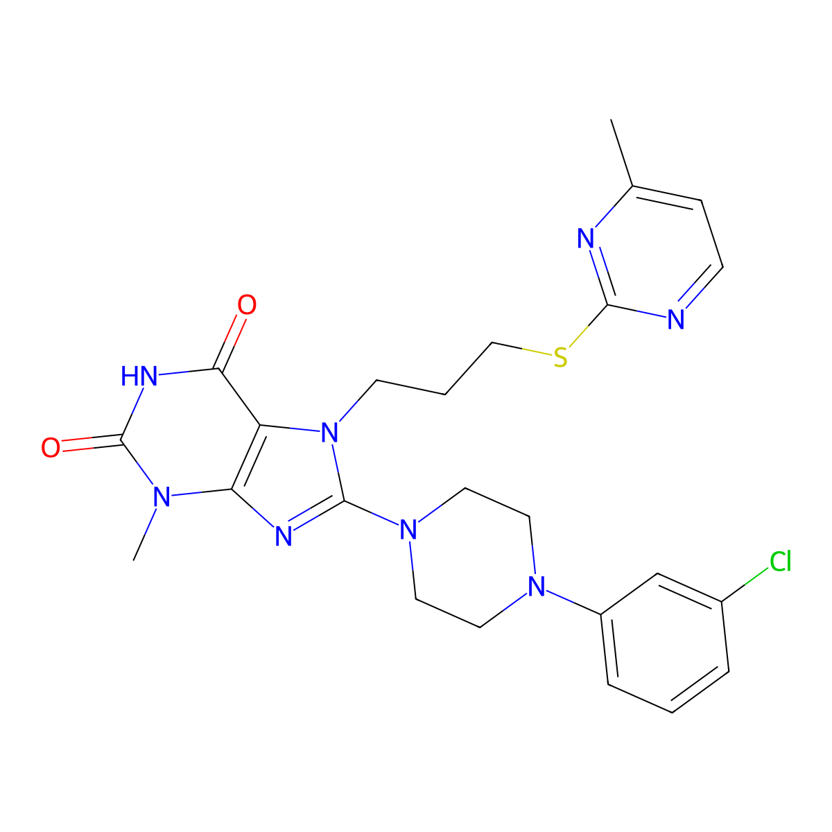 8-[4-(3-Chlorophenyl)piperazin-1-yl]-3-methyl-7-[3-(4-methylpyrimidin-2-yl)sulfanylpropyl]purine-2,6-dione molecular structure, CAS 674351-24-7