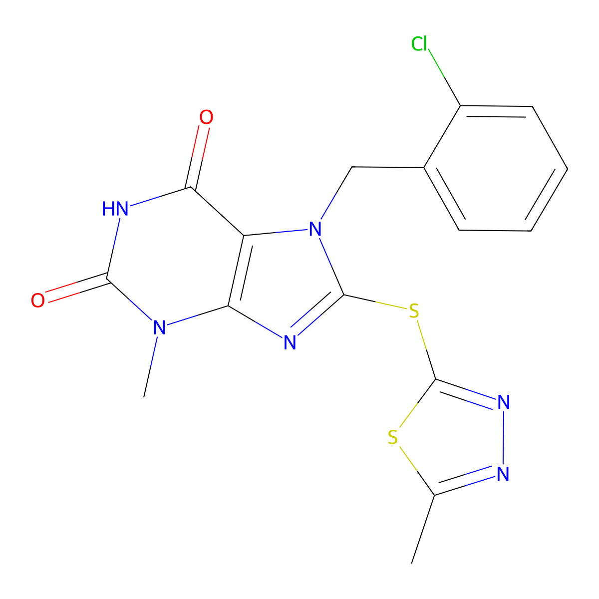 7-[(2-Chlorophenyl)methyl]-3-methyl-8-[(5-methyl-1,3,4-thiadiazol-2-yl)sulfanyl]purine-2,6-dione molecular structure, CAS 674351-35-0