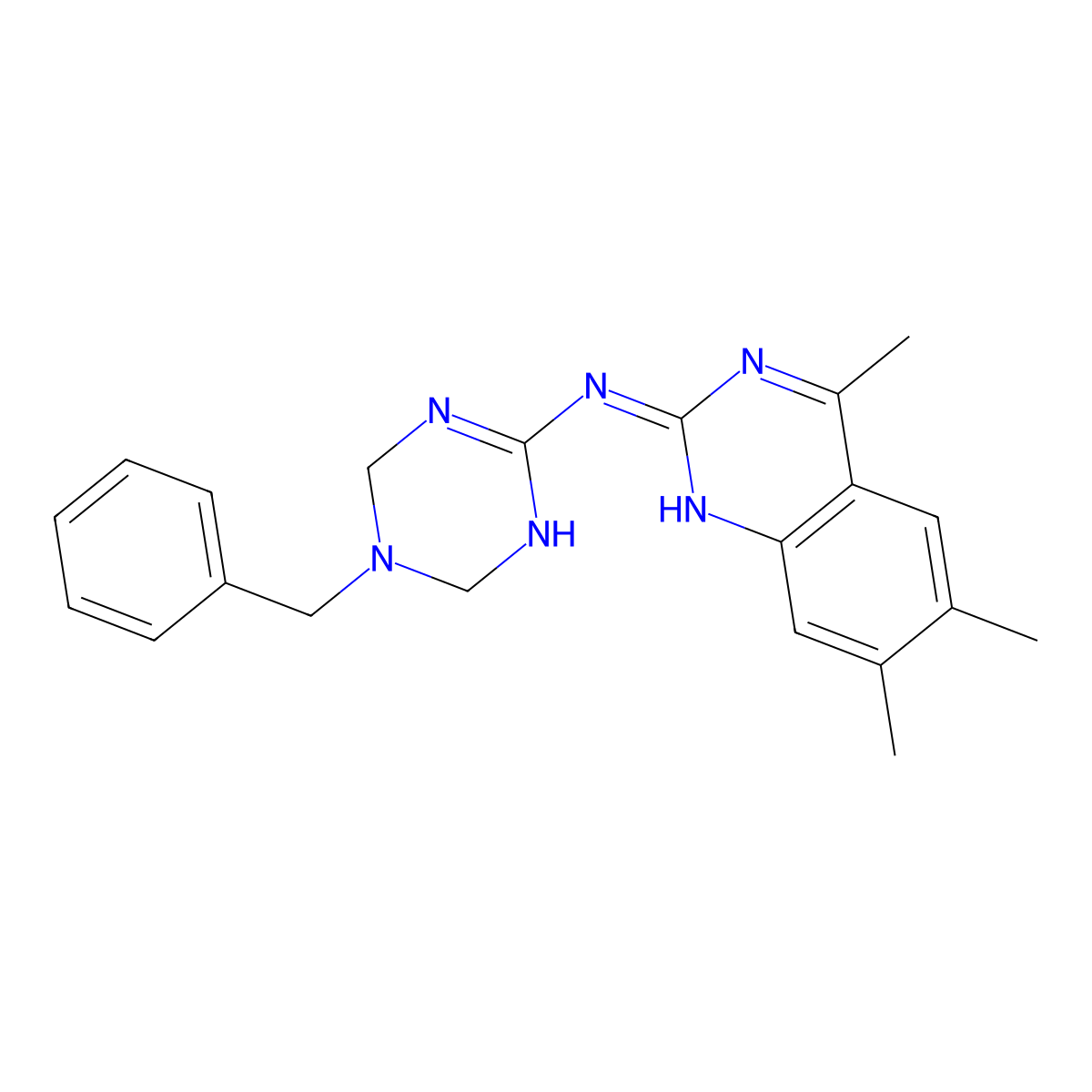 N-(5-benzyl-1,4,5,6-tetrahydro-1,3,5-triazin-2-yl)-4,6,7-trimethylquinazolin-2-amine molecular structure, CAS 674352-60-4