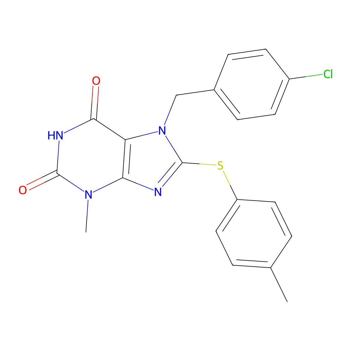 7-[(4-Chlorophenyl)methyl]-3-methyl-8-(4-methylphenyl)sulfanylpurine-2,6-dione molecular structure, CAS 674353-02-7