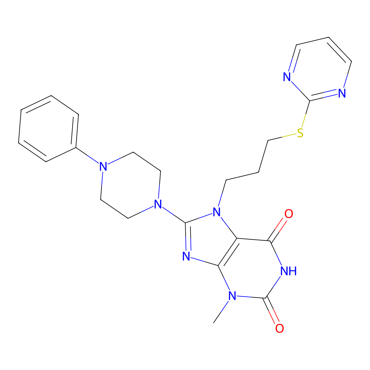 3-methyl-8-(4-phenylpiperazin-1-yl)-7-[3-(pyrimidin-2-ylsulfanyl)propyl]-2,3,6,7-tetrahydro-1H-purine-2,6-dione molecular structure, CAS 674353-90-3