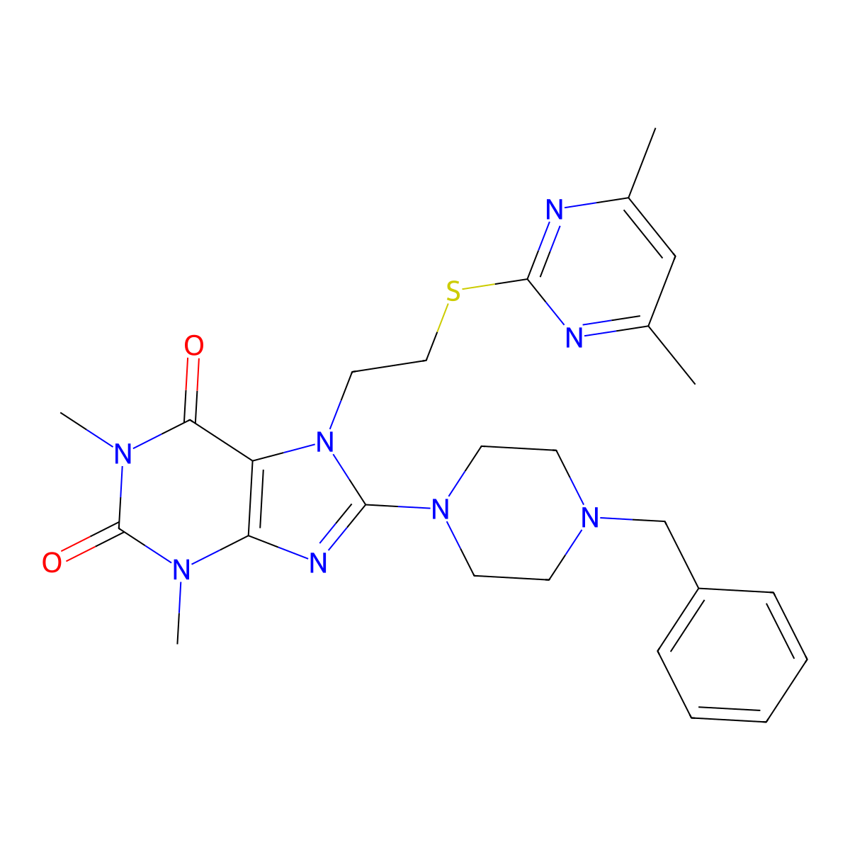 8-(4-Benzylpiperazin-1-yl)-7-[2-(4,6-dimethylpyrimidin-2-yl)sulfanylethyl]-1,3-dimethylpurine-2,6-dione molecular structure, CAS 674354-06-4