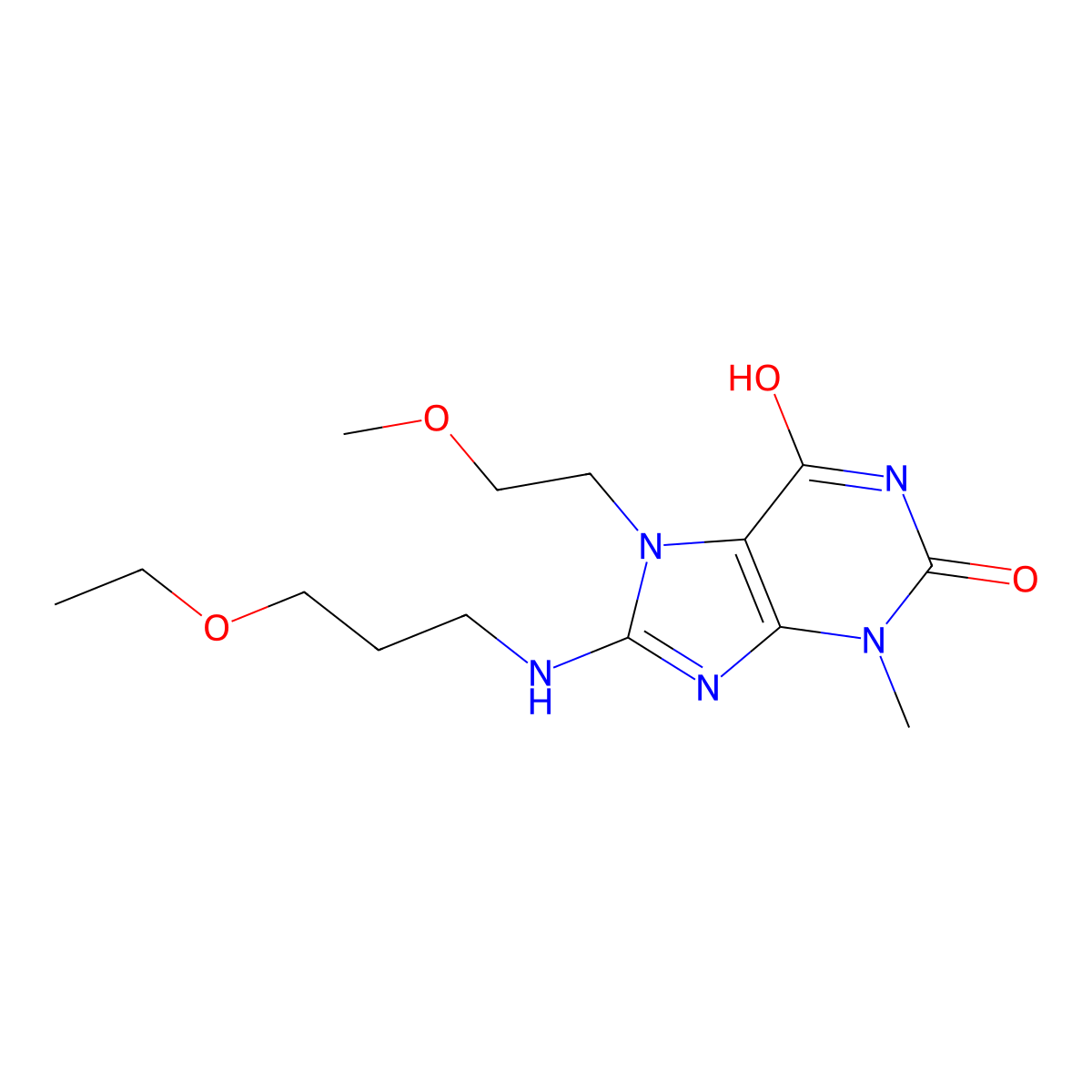 8-((3-ethoxypropyl)amino)-7-(2-methoxyethyl)-3-methyl-1H-purine-2,6(3H,7H)-dione molecular structure, CAS 674356-07-1
