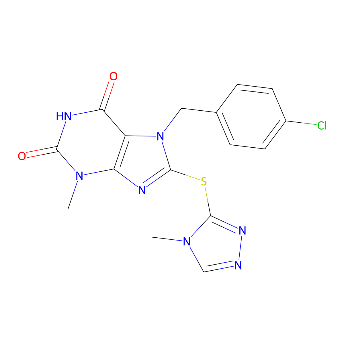 7-[(4-Chlorophenyl)methyl]-3-methyl-8-[(4-methyl-1,2,4-triazol-3-yl)sulfanyl]purine-2,6-dione molecular structure, CAS 674356-43-5