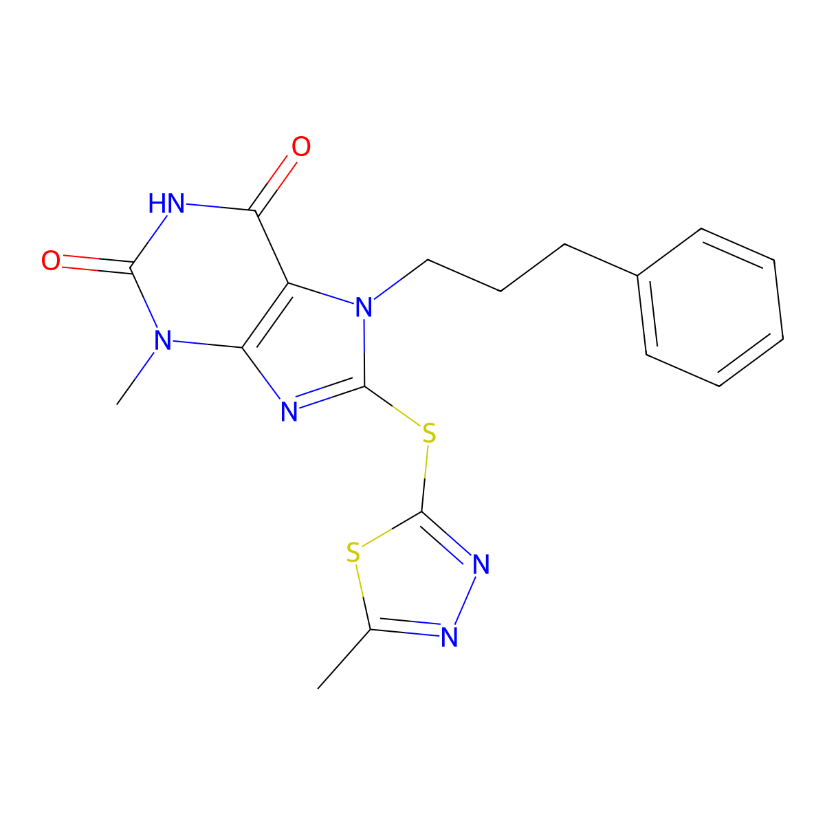 3-Methyl-8-[(5-methyl-1,3,4-thiadiazol-2-yl)sulfanyl]-7-(3-phenylpropyl)purine-2,6-dione molecular structure, CAS 674356-53-7