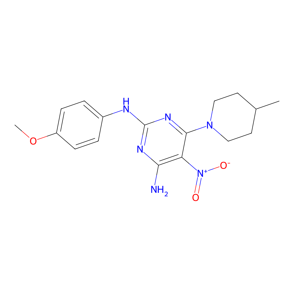 N2-(4-methoxyphenyl)-6-(4-methylpiperidin-1-yl)-5-nitropyrimidine-2,4-diamine molecular structure, CAS 674356-77-5