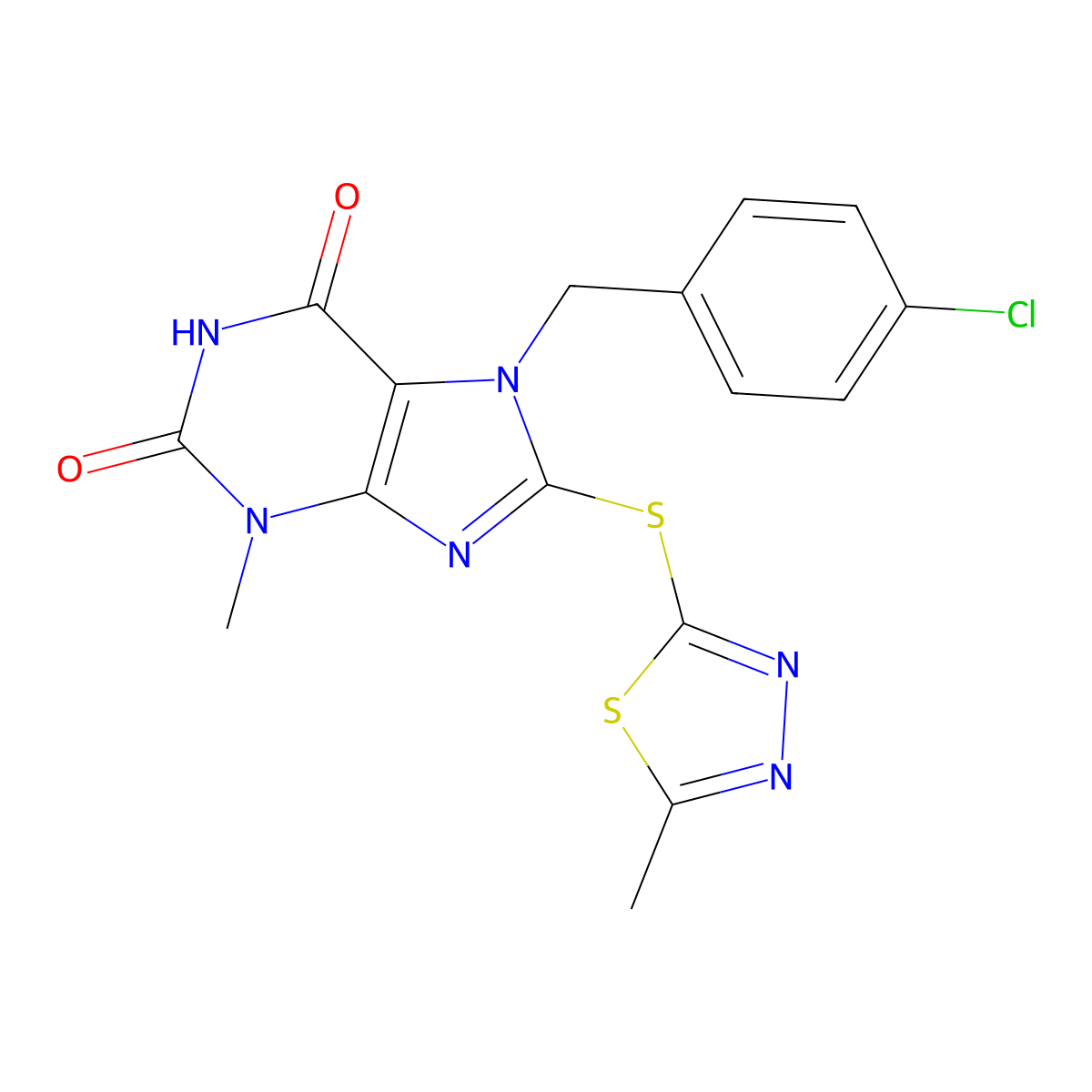 7-[(4-Chlorophenyl)methyl]-3-methyl-8-[(5-methyl-1,3,4-thiadiazol-2-yl)sulfanyl]purine-2,6-dione molecular structure, CAS 674357-51-8