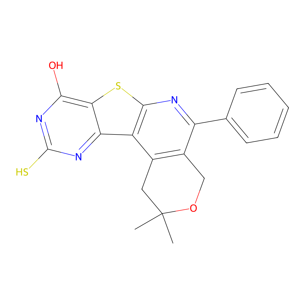 2,2-dimethyl-5-phenyl-10-thioxo-4,9,10,11-tetrahydro-1H-pyrano[4'',3'':4',5']pyrido[3',2':4,5]thieno[3,2-d]pyrimidin-8(2H)-one molecular structure, CAS 674357-82-5