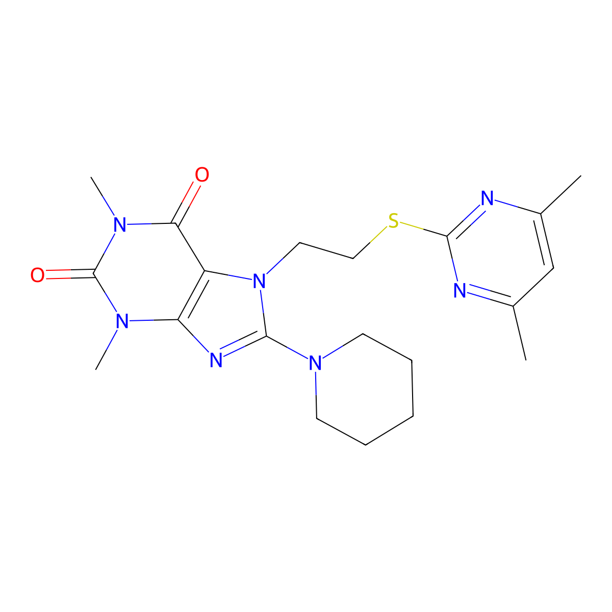 7-[2-(4,6-Dimethyl-pyrimidin-2-ylsulfanyl)-ethyl]-1,3-dimethyl-8-piperidin-1-yl-3,7-dihydro-purine-2,6-dione molecular structure, CAS 674357-96-1