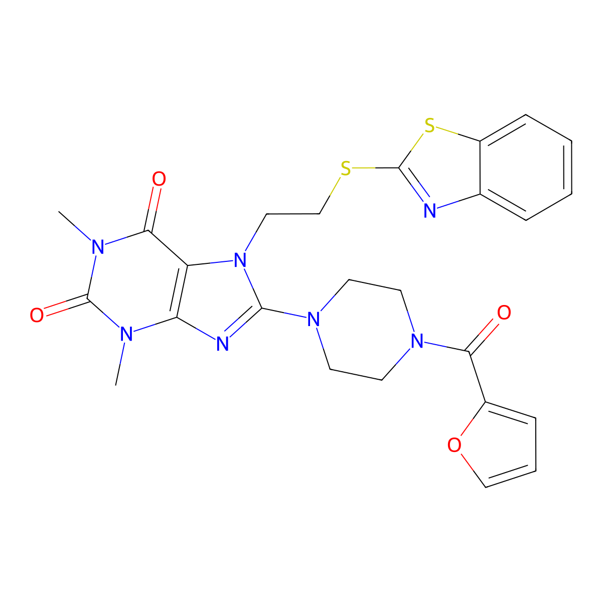 7-[2-(1,3-Benzothiazol-2-ylsulfanyl)ethyl]-8-[4-(furan-2-carbonyl)piperazin-1-yl]-1,3-dimethylpurine-2,6-dione molecular structure, CAS 674358-76-0