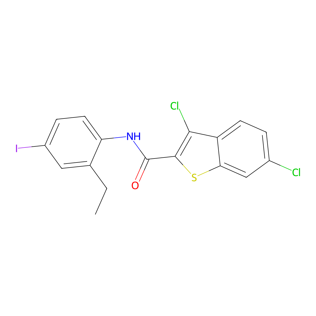 3,6-dichloro-N-(2-ethyl-4-iodophenyl)-1-benzothiophene-2-carboxamide molecular structure, CAS 674359-17-2