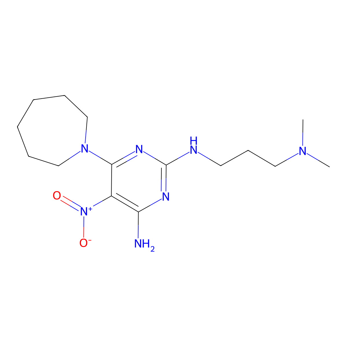 6-(azepan-1-yl)-2-N-[3-(dimethylamino)propyl]-5-nitropyrimidine-2,4-diamine molecular structure, CAS 674359-43-4