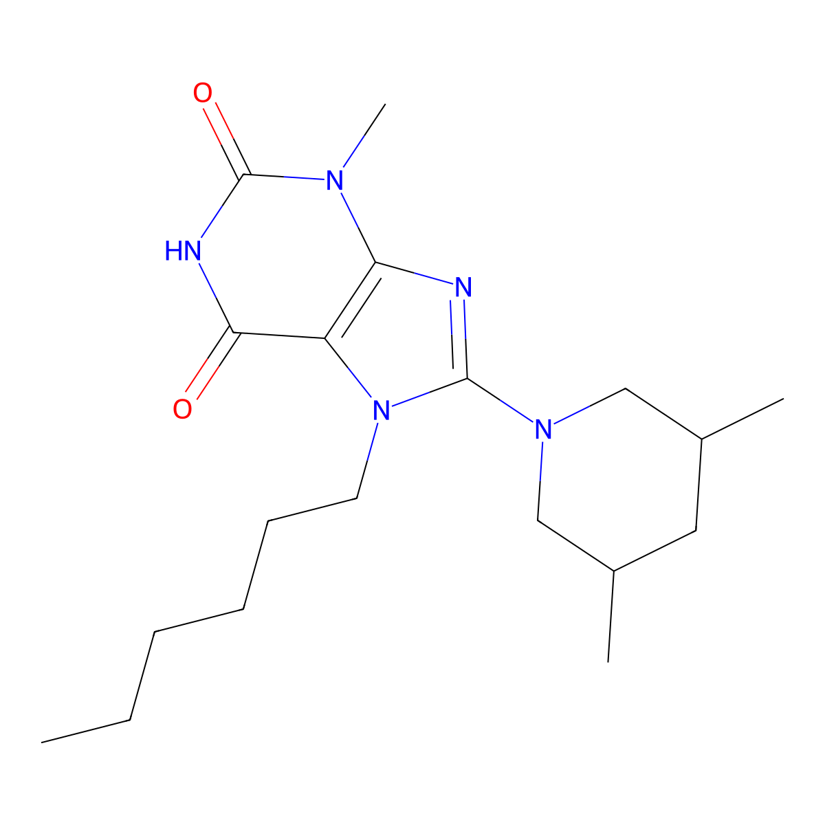 8-(3,5-Dimethylpiperidin-1-yl)-7-hexyl-3-methylpurine-2,6-dione molecular structure, CAS 674359-63-8
