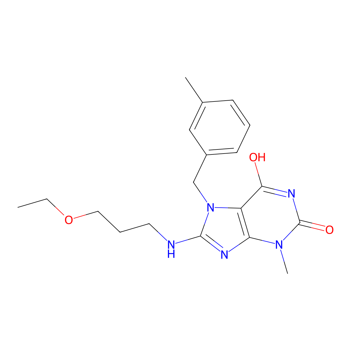 8-((3-ethoxypropyl)amino)-3-methyl-7-(3-methylbenzyl)-1H-purine-2,6(3H,7H)-dione molecular structure, CAS 674359-71-8