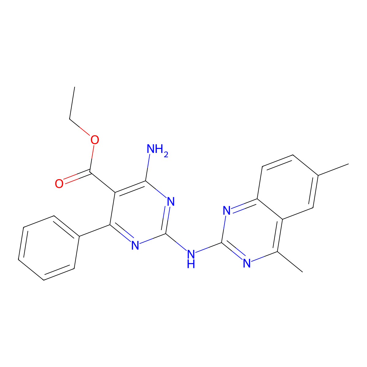 Ethyl 4-amino-2-[(4,6-dimethylquinazolin-2-yl)amino]-6-phenylpyrimidine-5-carboxylate molecular structure, CAS 674360-06-6