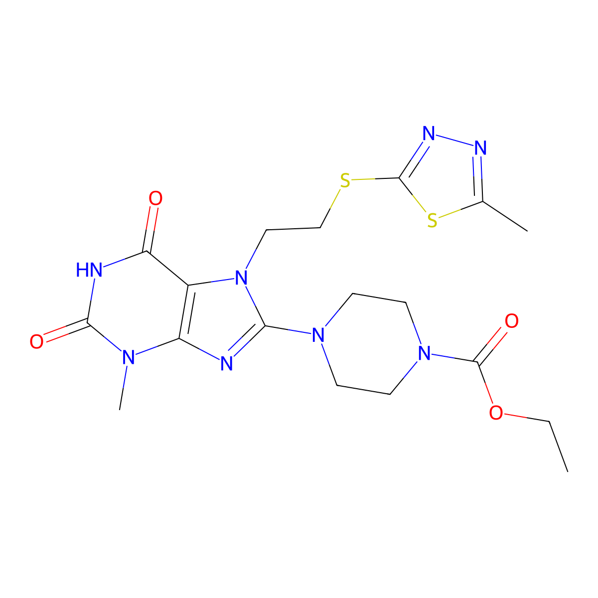 Ethyl 4-[3-methyl-7-[2-[(5-methyl-1,3,4-thiadiazol-2-yl)sulfanyl]ethyl]-2,6-dioxopurin-8-yl]piperazine-1-carboxylate molecular structure, CAS 674360-72-6