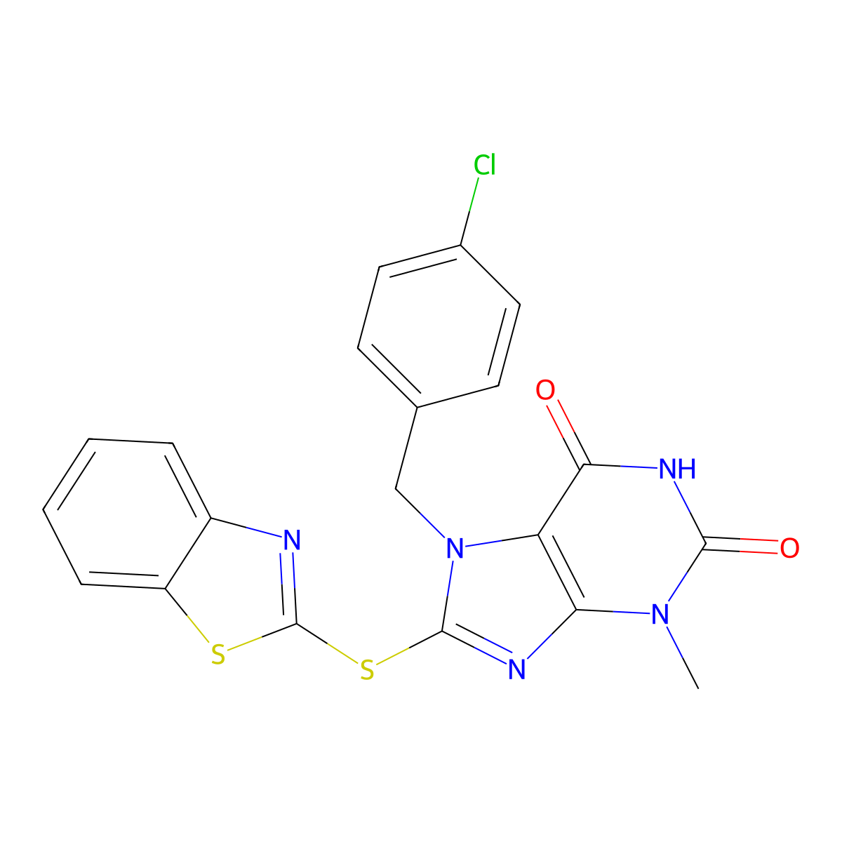 8-(1,3-Benzothiazol-2-ylsulfanyl)-7-[(4-chlorophenyl)methyl]-3-methylpurine-2,6-dione molecular structure, CAS 674361-07-0