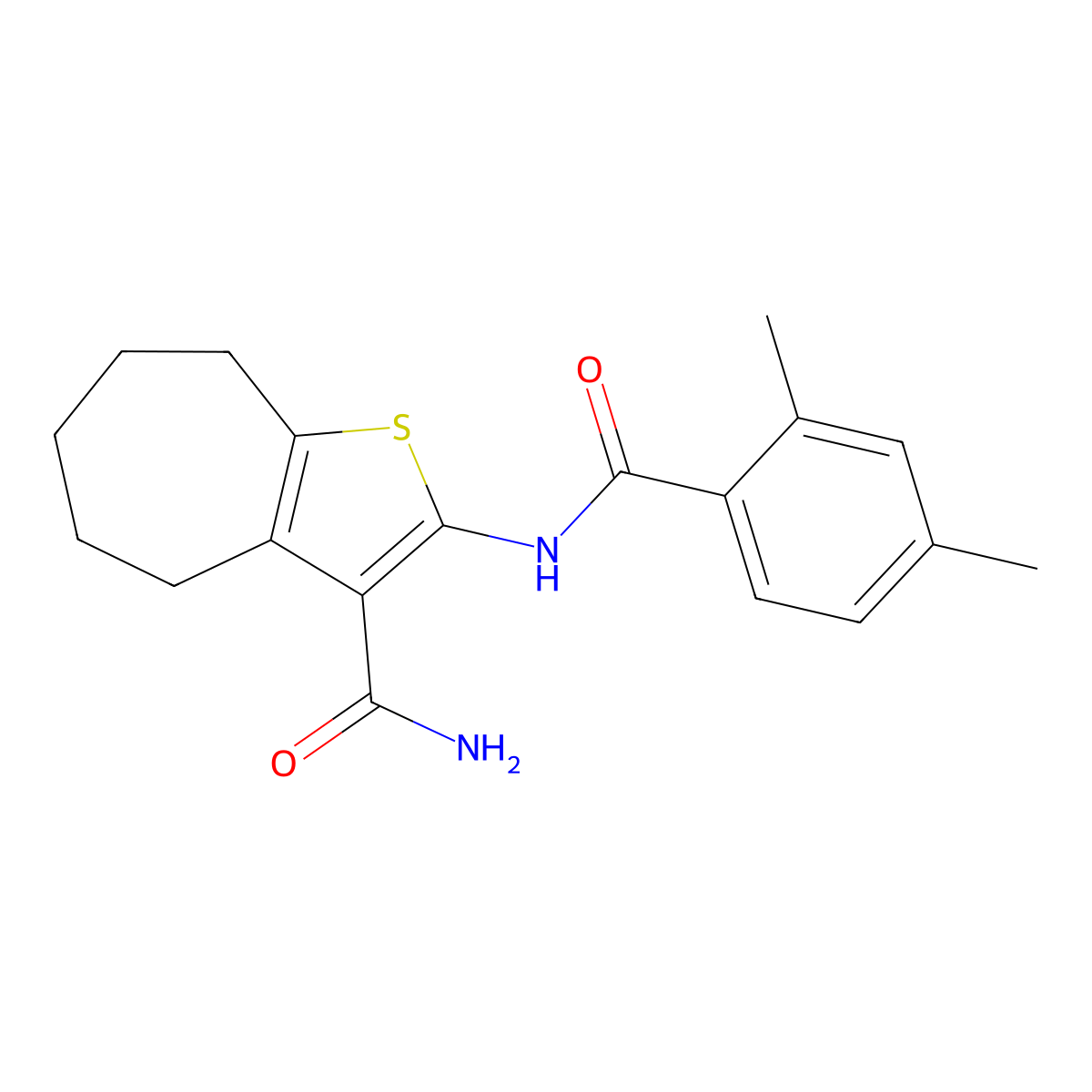 2-(2,4-dimethylbenzamido)-5,6,7,8-tetrahydro-4H-cyclohepta[b]thiophene-3-carboxamide molecular structure, CAS 674362-66-4