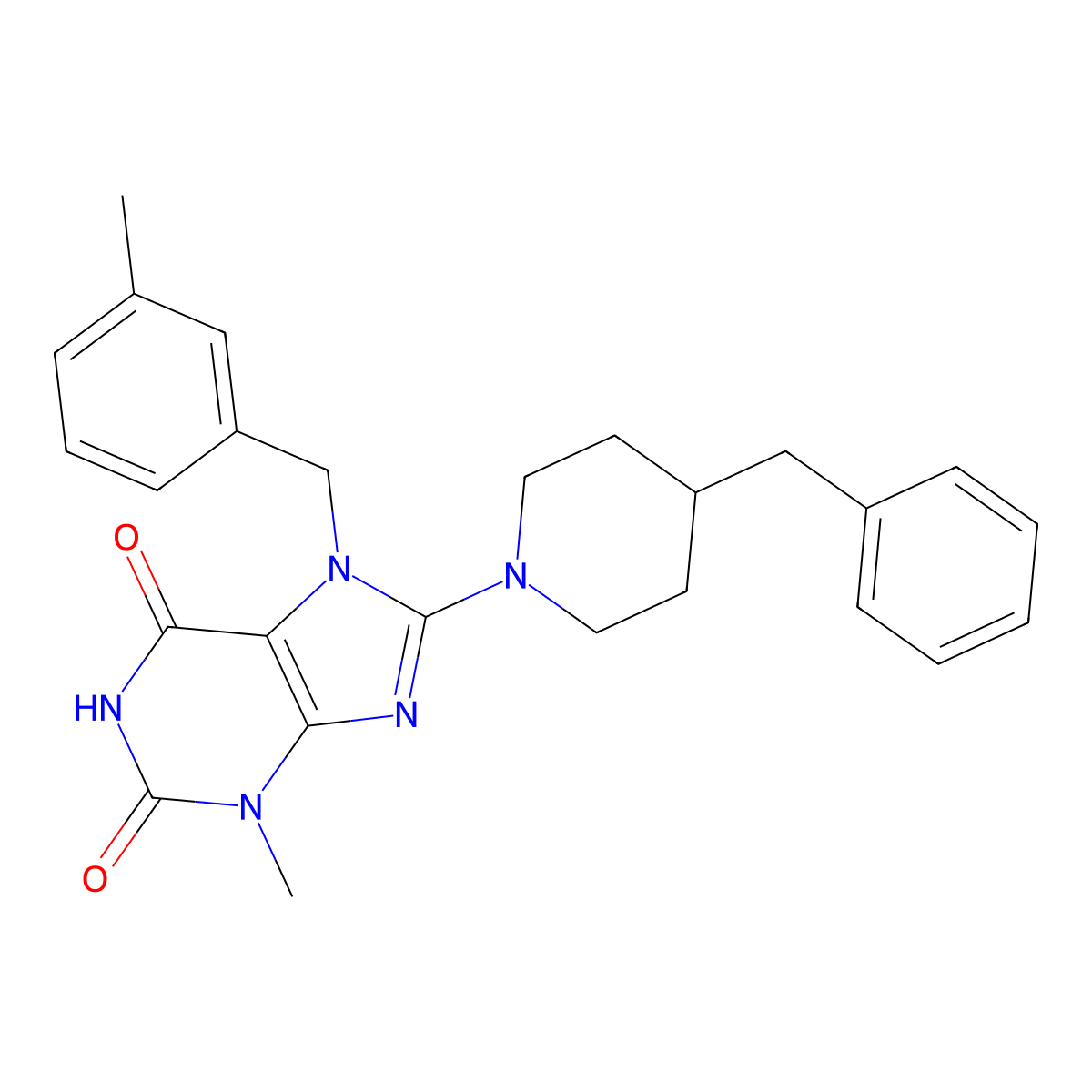 8-(4-Benzylpiperidin-1-yl)-3-methyl-7-[(3-methylphenyl)methyl]purine-2,6-dione molecular structure, CAS 674363-08-7