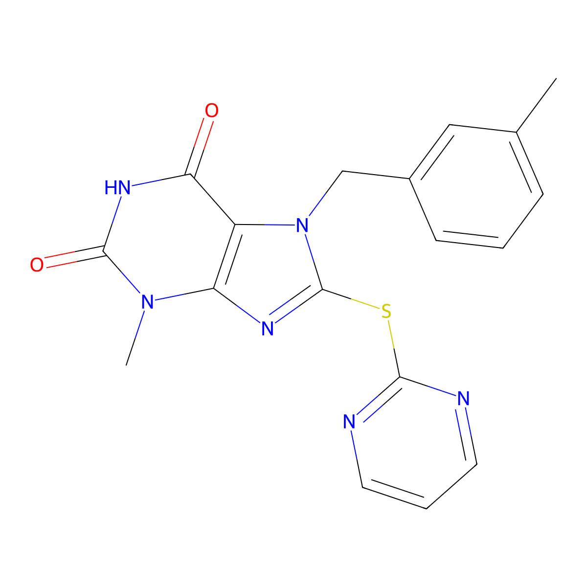 3-Methyl-7-[(3-methylphenyl)methyl]-8-pyrimidin-2-ylsulfanylpurine-2,6-dione molecular structure, CAS 674363-18-9