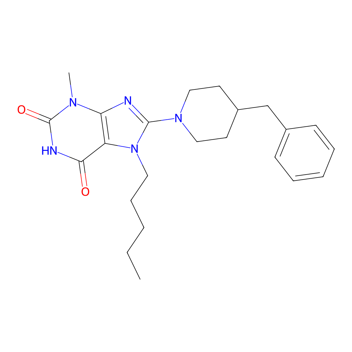8-(4-Benzylpiperidin-1-yl)-3-methyl-7-pentylpurine-2,6-dione molecular structure, CAS 674364-76-2
