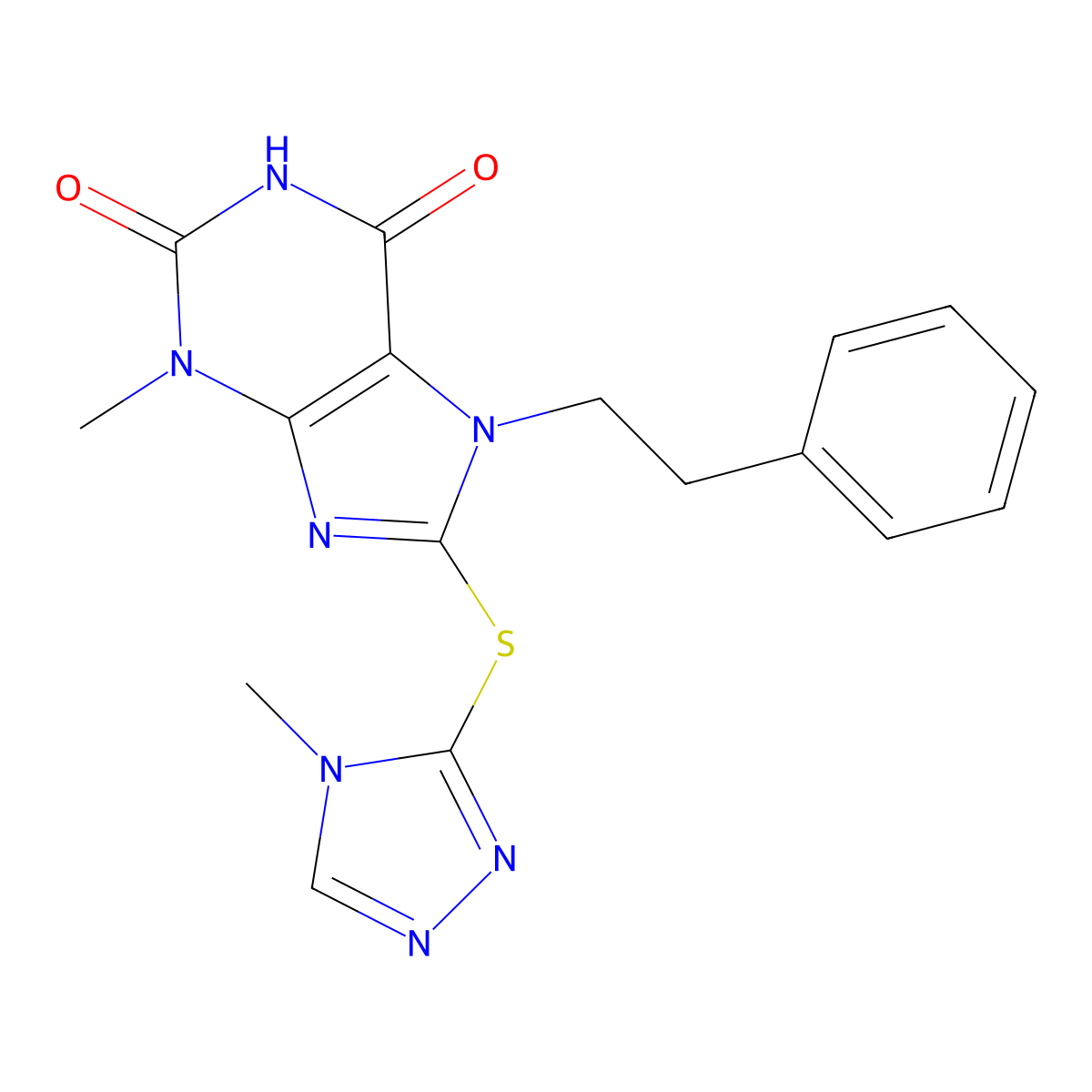 3-Methyl-8-[(4-methyl-1,2,4-triazol-3-yl)sulfanyl]-7-(2-phenylethyl)purine-2,6-dione molecular structure, CAS 674365-51-6