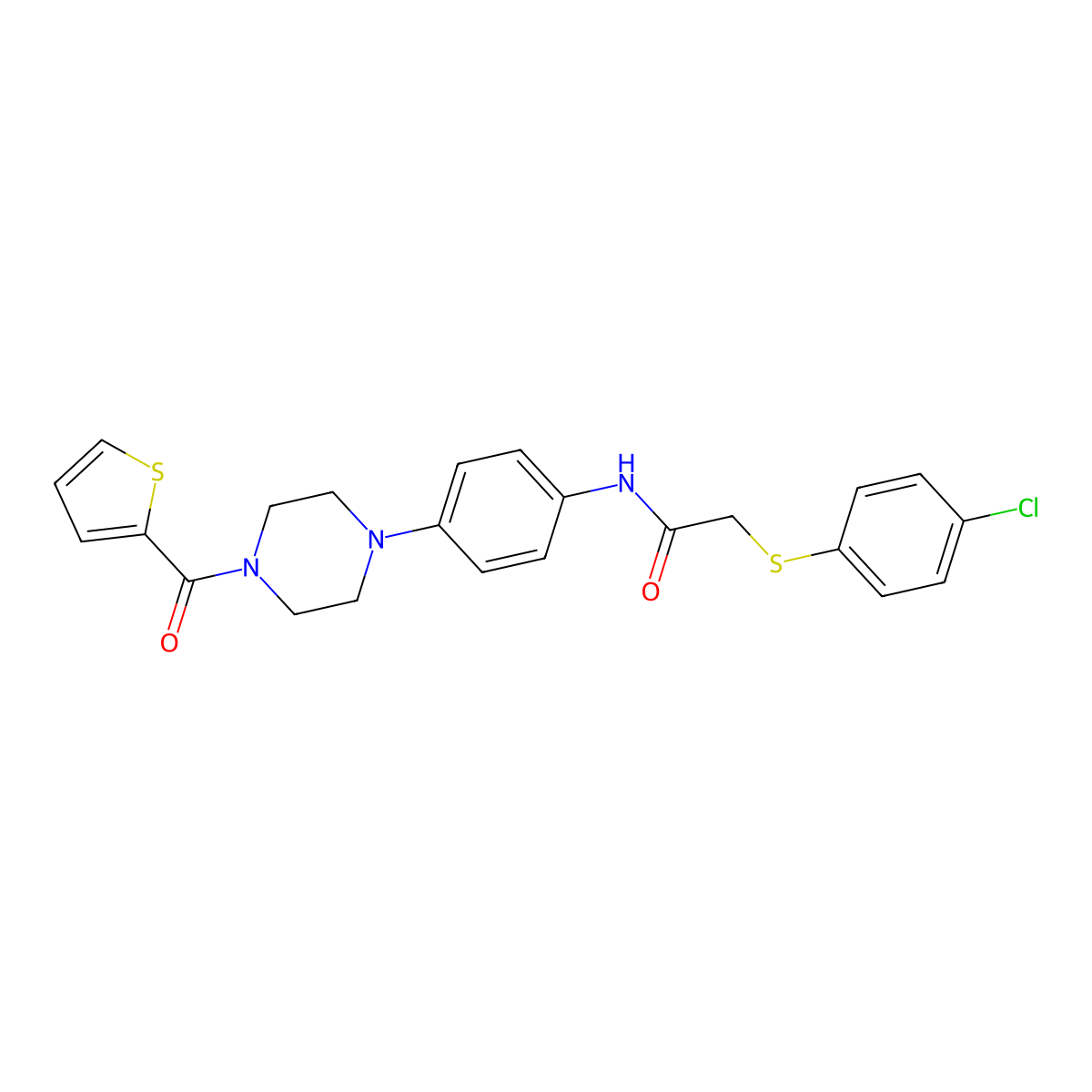 2-(4-chlorophenyl)sulfanyl-N-[4-[4-(thiophene-2-carbonyl)piperazin-1-yl]phenyl]acetamide molecular structure, CAS 674365-56-1