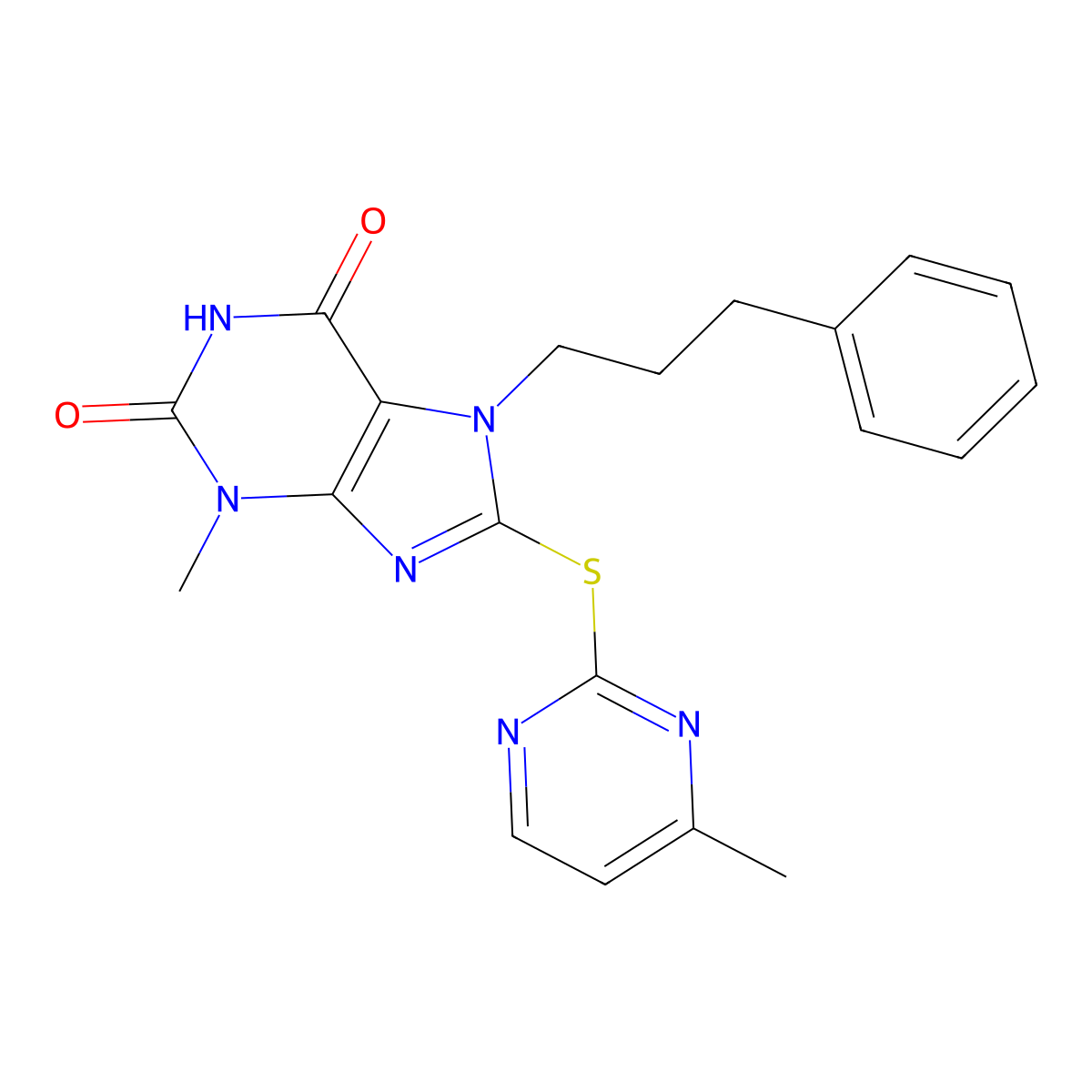 3-Methyl-8-(4-methyl-pyrimidin-2-ylsulfanyl)-7-(3-phenyl-propyl)-3,7-dihydro-purine-2,6-dione molecular structure, CAS 674366-29-1