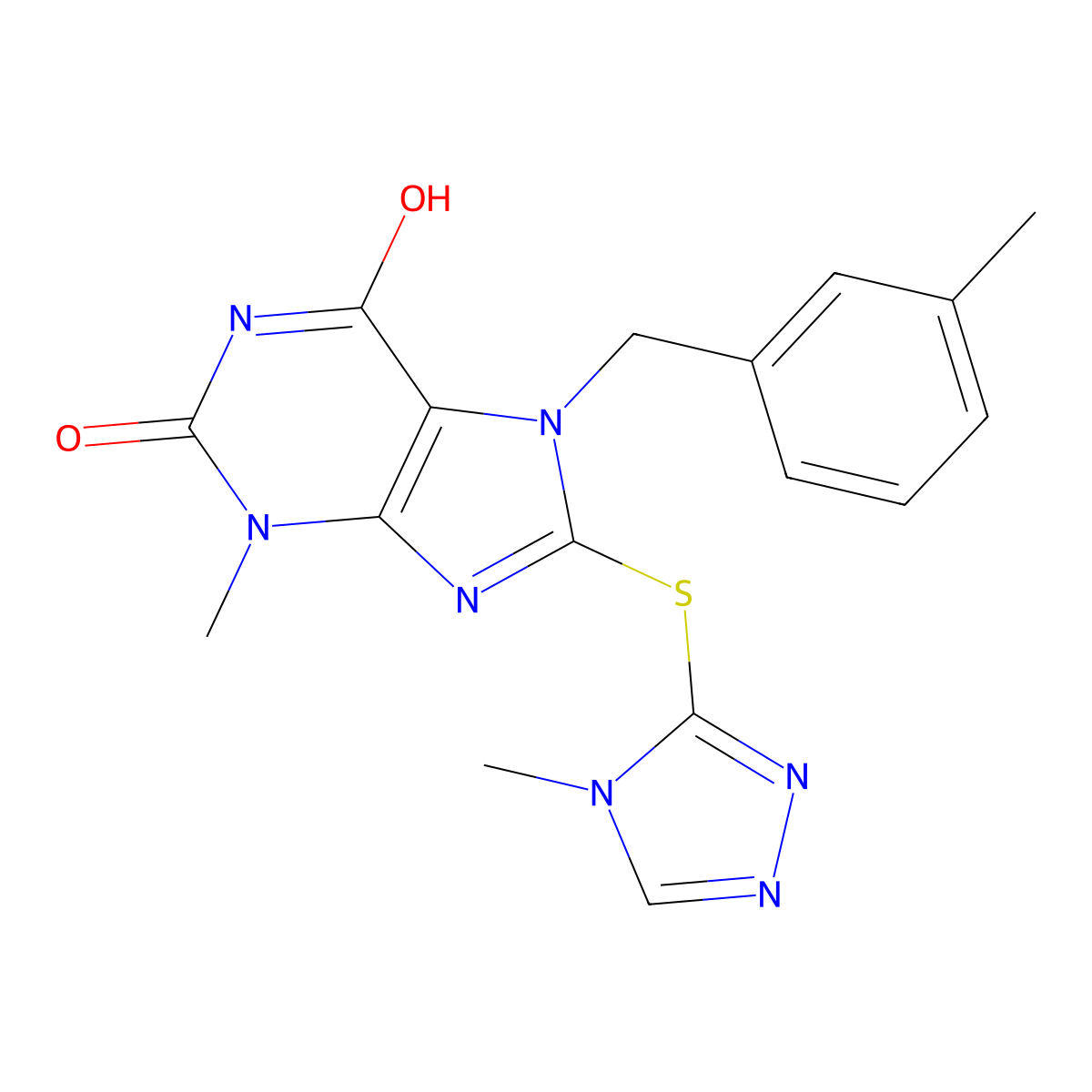 3-Methyl-7-[(3-methylphenyl)methyl]-8-[(4-methyl-1,2,4-triazol-3-yl)sulfanyl]purine-2,6-dione molecular structure, CAS 674366-36-0