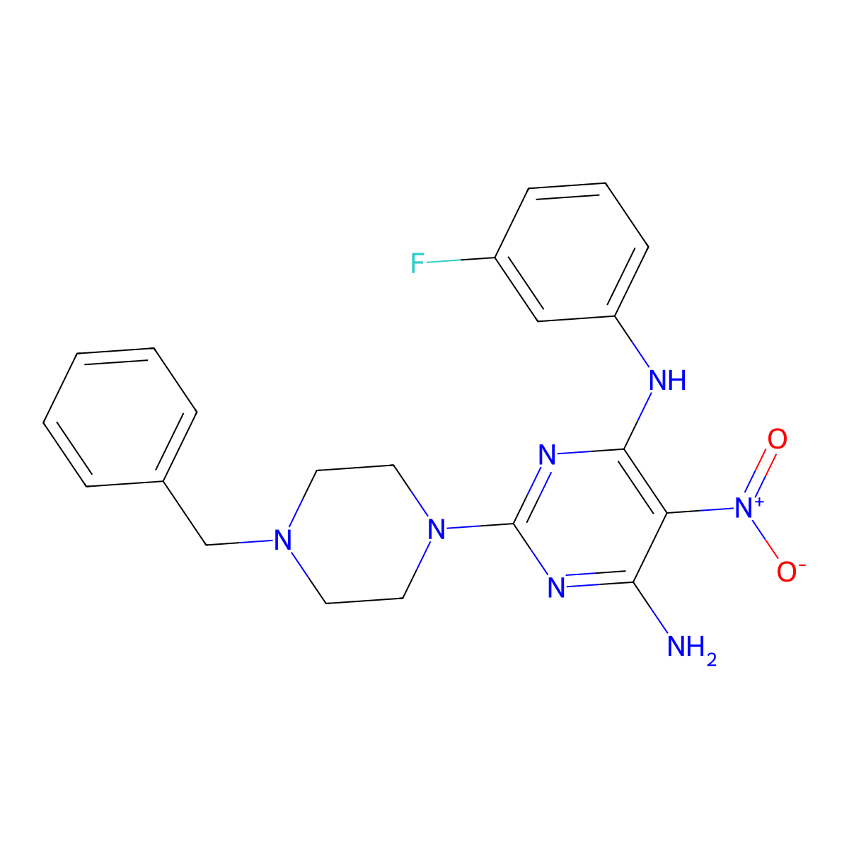 2-(4-benzylpiperazin-1-yl)-N4-(3-fluorophenyl)-5-nitropyrimidine-4,6-diamine molecular structure, CAS 674366-70-2