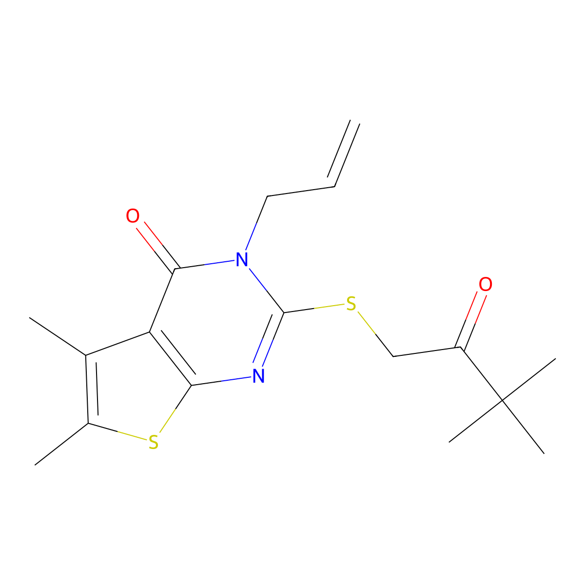 2-[(3,3-dimethyl-2-oxobutyl)sulfanyl]-5,6-dimethyl-3-(prop-2-en-1-yl)thieno[2,3-d]pyrimidin-4(3H)-one molecular structure, CAS 674788-64-8