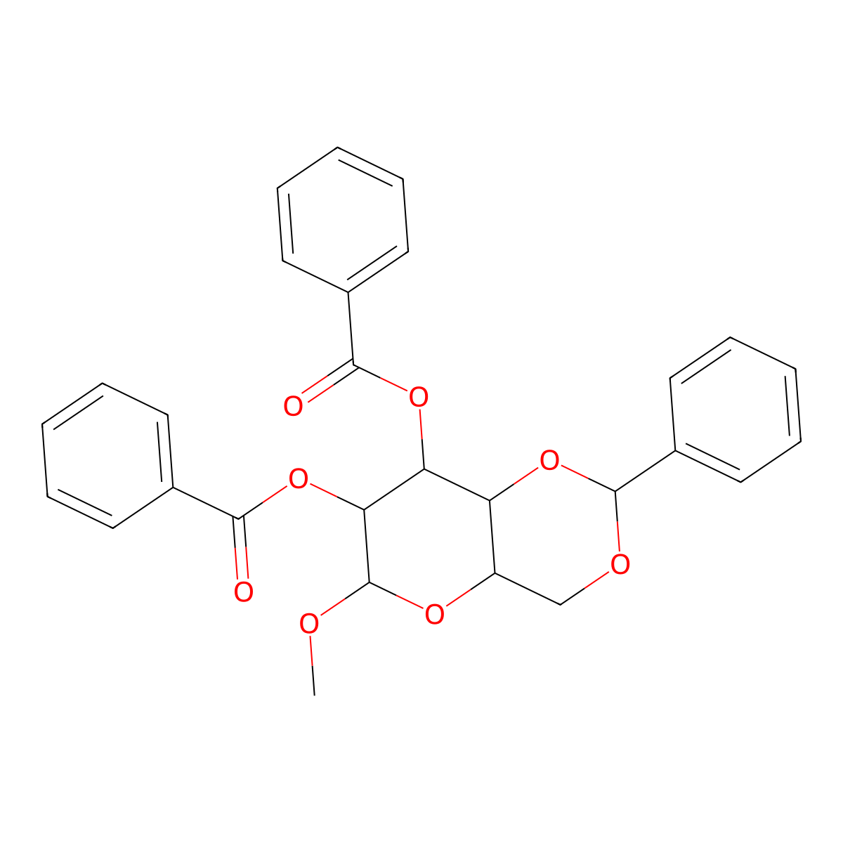 (7-Benzoyloxy-6-methoxy-2-phenyl-4,4a,6,7,8,8a-hexahydropyrano[3,2-d][1,3]dioxin-8-yl) benzoate molecular structure, CAS 6748-91-0