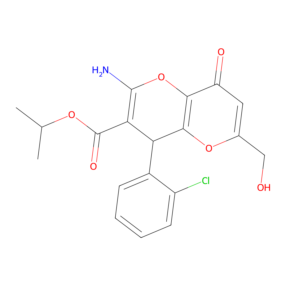 Isopropyl 2-amino-4-(2-chlorophenyl)-6-(hydroxymethyl)-8-oxo-4,8-dihydropyrano[3,2-b]pyran-3-carboxylate molecular structure, CAS 674800-16-9