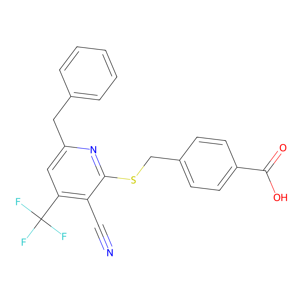 4-{[3-Cyano-6-benzyl-4-(trifluoromethyl)-2-pyridylthio]methyl}benzoic acid molecular structure, CAS 674800-21-6