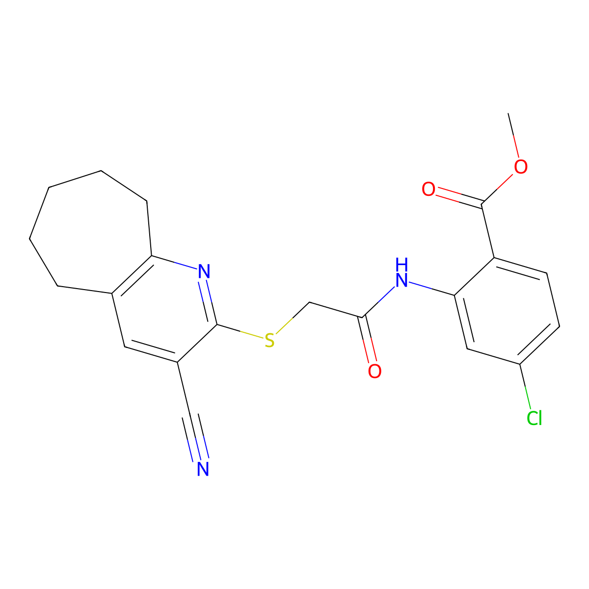 methyl 4-chloro-2-[[2-[(3-cyano-6,7,8,9-tetrahydro-5H-cyclohepta[b]pyridin-2-yl)sulfanyl]acetyl]amino]benzoate molecular structure, CAS 674800-41-0
