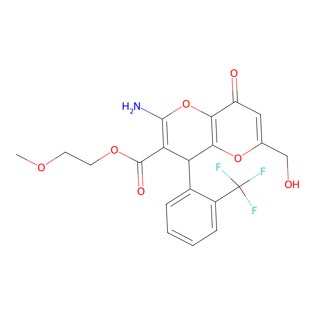 2-Methoxyethyl 2-amino-6-(hydroxymethyl)-8-oxo-4-[2-(trifluoromethyl)phenyl]-4,8-dihydropyrano[3,2-b]pyran-3-carboxylate molecular structure, CAS 674800-44-3