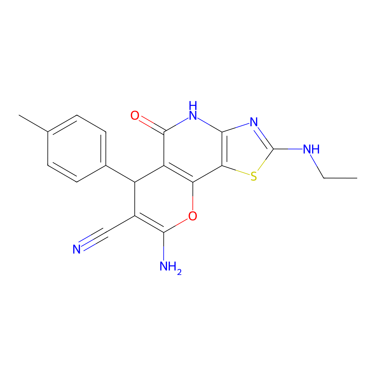 8-amino-2-(ethylamino)-6-(4-methylphenyl)-5-oxo-4,6-dihydro-5H-pyrano[2,3-d][1,3]thiazolo[4,5-b]pyridine-7-carbonitrile molecular structure, CAS 674800-51-2