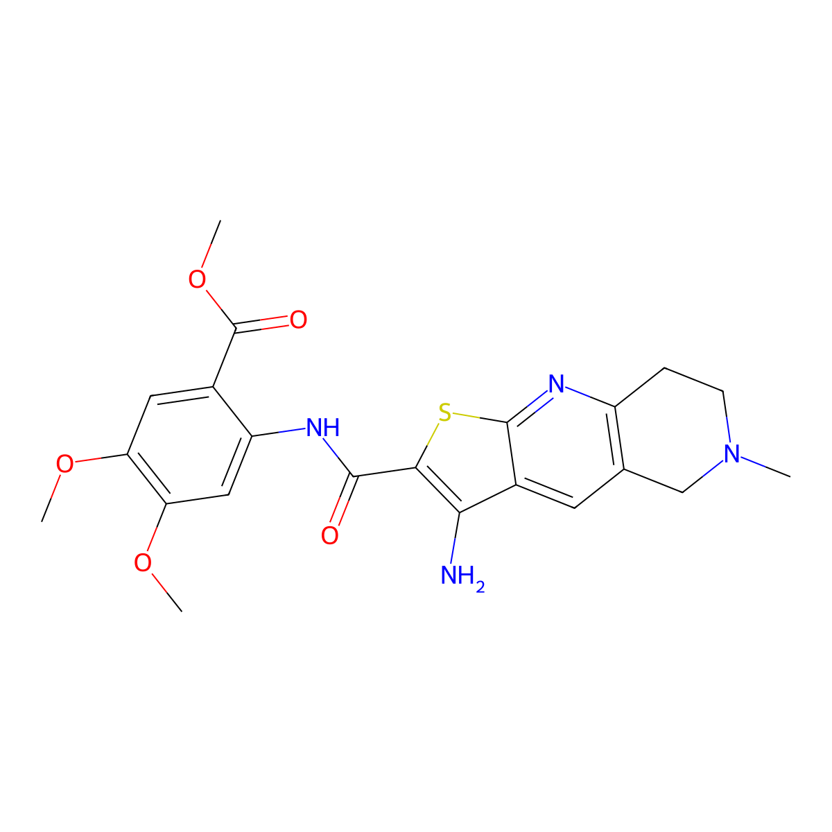 Methyl 2-{[(3-amino-6-methyl-5,6,7,8-tetrahydrothieno[2,3-b][1,6]naphthyridin-2-yl)carbonyl]amino}-4,5-dimethoxybenzoate molecular structure, CAS 674800-53-4