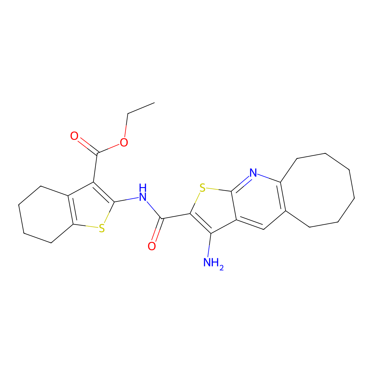Ethyl 2-{[(3-amino-5,6,7,8,9,10-hexahydrocycloocta[b]thieno[3,2-e]pyridin-2-yl)carbonyl]amino}-4,5,6,7-tetrahydro-1-benzothiophene-3-carboxylate molecular structure, CAS 674801-05-9