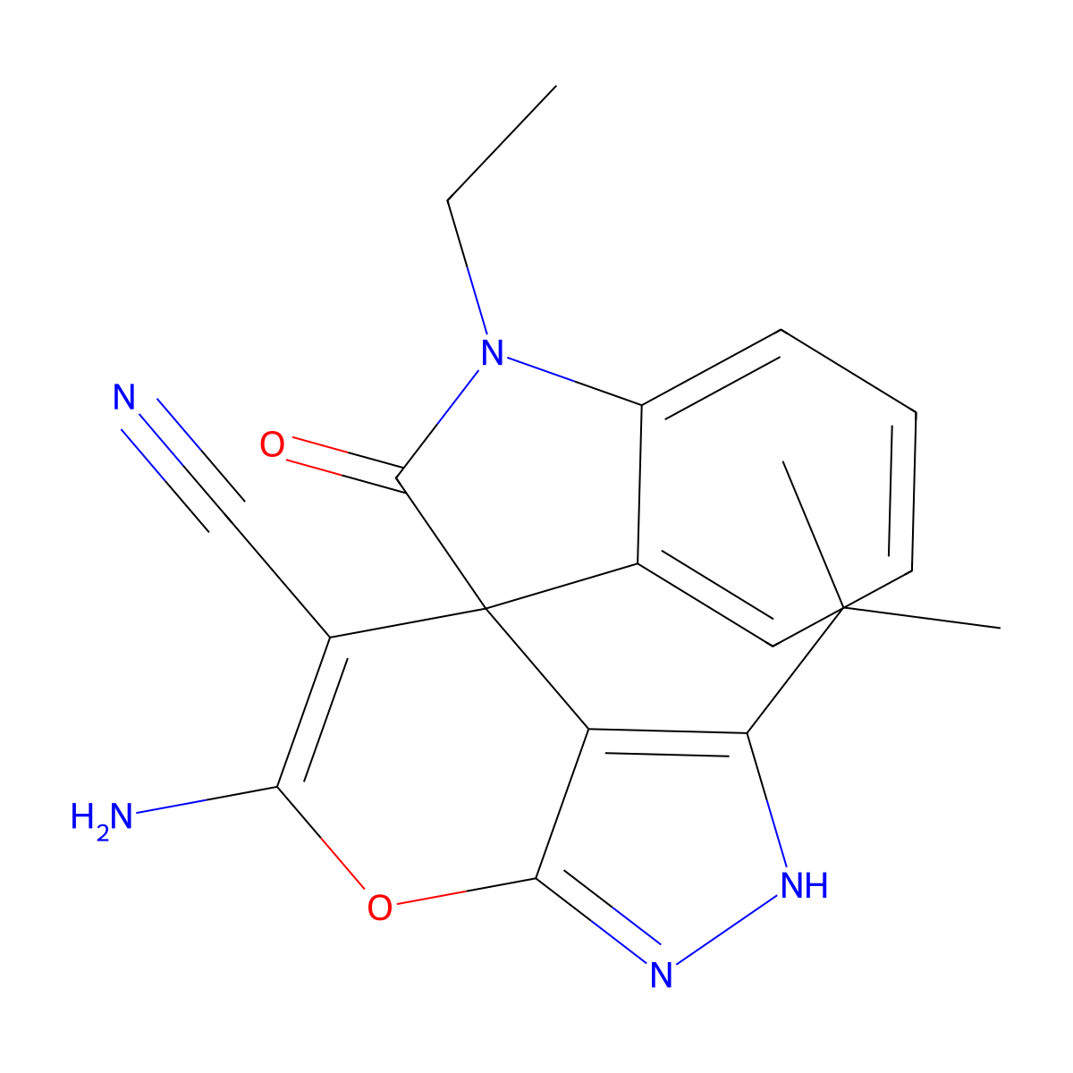 6-amino-3-isopropyl-2,4-dihydropyrano[2,3-c]pyrazole-5-carbonitrile-4-spiro-3'-(1'-ethyl-1',3'-dihydro-2'H-indol-2'-one) molecular structure, CAS 674801-48-0