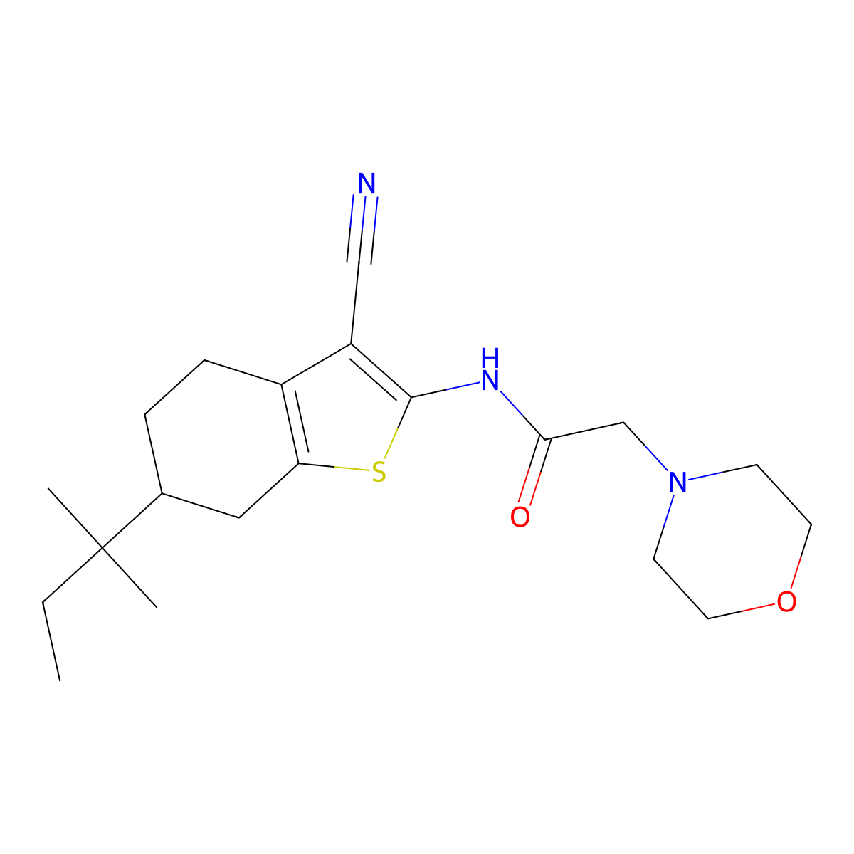 N-[3-cyano-6-(2-methylbutan-2-yl)-4,5,6,7-tetrahydro-1-benzothiophen-2-yl]-2-morpholin-4-ylacetamide molecular structure, CAS 674801-61-7