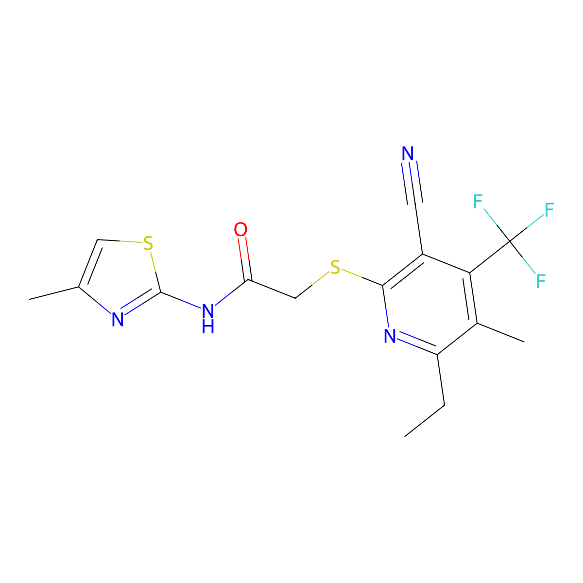 2-{[3-cyano-6-ethyl-5-methyl-4-(trifluoromethyl)-2-pyridinyl]sulfanyl}-N-(4-methyl-1,3-thiazol-2-yl)acetamide molecular structure, CAS 674804-57-0