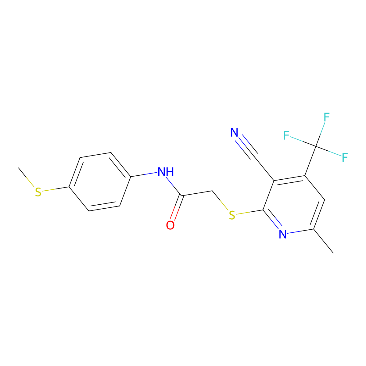 2-{[3-cyano-6-methyl-4-(trifluoromethyl)-2-pyridinyl]sulfanyl}-N-[4-(methylsulfanyl)phenyl]acetamide molecular structure, CAS 674804-90-1
