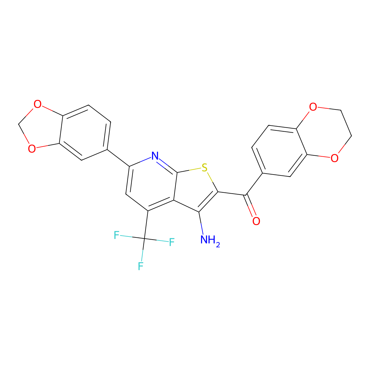[3-Amino-6-(1,3-benzodioxol-5-yl)-4-(trifluoromethyl)thieno[2,3-b]pyridin-2-yl](2,3-dihydro-1,4-benzodioxin-6-yl)methanone molecular structure, CAS 674804-94-5